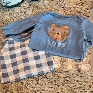 Blue Little Bear and Plaid Bib Long Sleeve Onesie Set